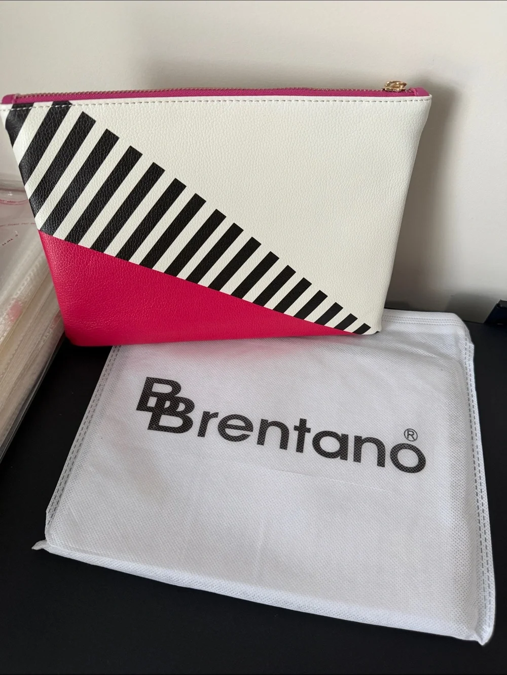 Brentano Geometric Vegan Pink Black & White Stripe Zip Clutch